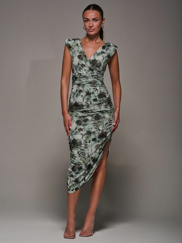 Cinza - Jolie Moi Abstract Ruched Asymmetric Bodycon Dress - Imagem 1 de 6
