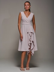 Jolie Moi Cream Ruffle Detail Wrap Sleeveless Midi Dress - Image 1 of 6
