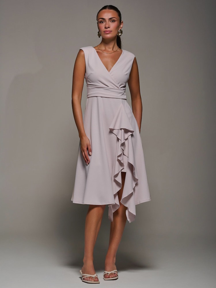 Jolie Moi Cream Ruffle Detail Wrap Sleeveless Midi Dress - Image 1 of 6