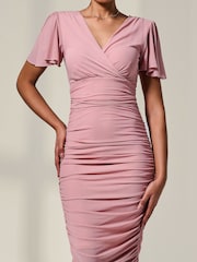 Jolie Moi Pink Ruched Mesh Bodycon Dress - Image 3 of 5