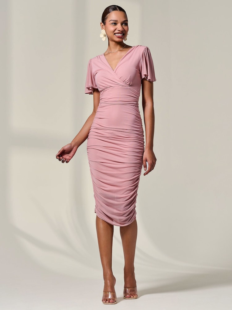 Jolie Moi Pink Ruched Mesh Bodycon Dress - Image 5 of 5
