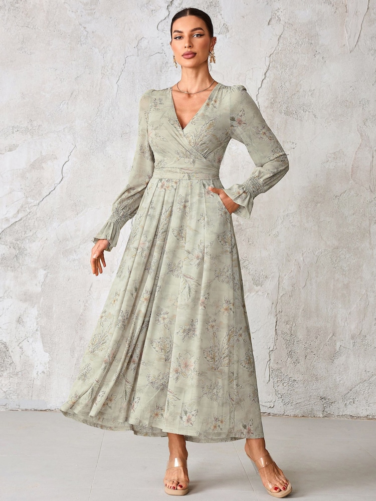 Jolie Moi Grey Long Sleeve Mesh Maxi Dress - Image 1 of 6