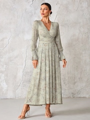 Jolie Moi Grey Long Sleeve Mesh Maxi Dress - Image 5 of 6