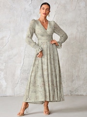 Jolie Moi Grey Long Sleeve Mesh Maxi Dress - Image 6 of 6