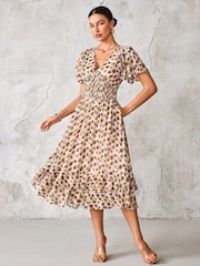 Castanho - Vestido Midi de chiffon com babados Jolie Moi - Imagem 1 de 6