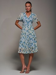 Jolie Moi Blue Mesh Floral Print Pleated Midi Dress - Image 1 of 6