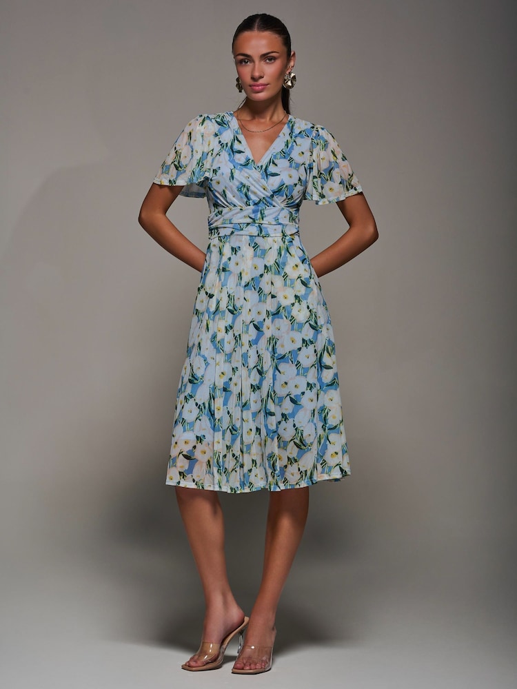 Jolie Moi Blue Mesh Floral Print Pleated Midi Dress - Image 1 of 6