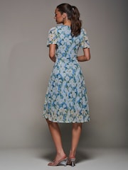 Jolie Moi Blue Mesh Floral Print Pleated Midi Dress - Image 2 of 6