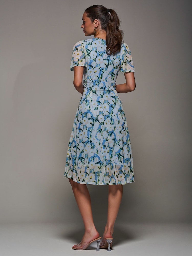 Jolie Moi Blue Mesh Floral Print Pleated Midi Dress - Image 2 of 6
