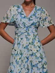 Jolie Moi Blue Mesh Floral Print Pleated Midi Dress - Image 3 of 6