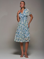 Jolie Moi Blue Mesh Floral Print Pleated Midi Dress - Image 4 of 6