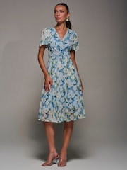 Jolie Moi Blue Mesh Floral Print Pleated Midi Dress - Image 5 of 6
