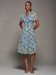 Jolie Moi Blue Mesh Floral Print Pleated Midi Dress - Image 6 of 6