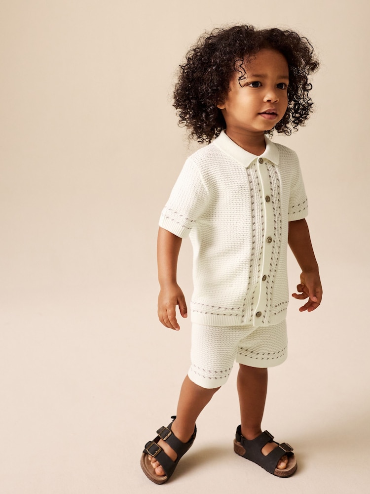 Ecru Textured Knitted Button Through Polo Shirt and Shorts Set (3mths-10yrs) - Image 1 of 8