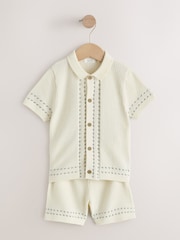 Ecru Textured Knitted Button Through Polo Shirt and Shorts Set (3mths-10yrs) - Image 4 of 8