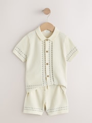 Ecru Textured Knitted Button Through Polo Shirt and Shorts Set (3mths-10yrs) - Image 5 of 8
