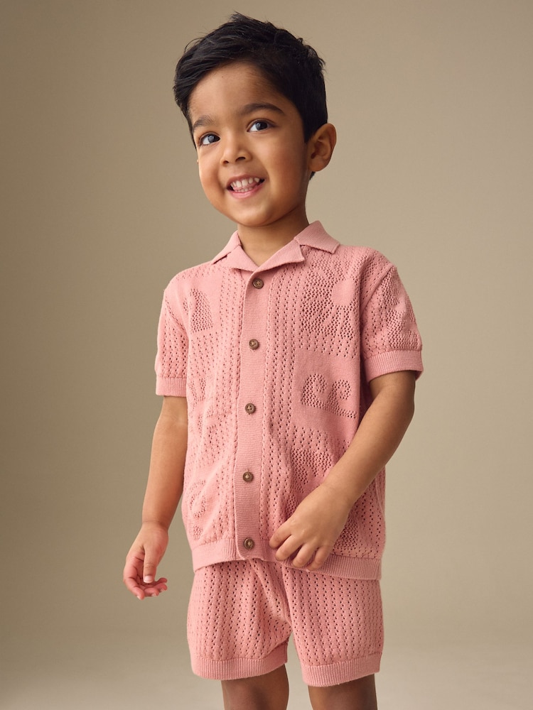 Dusky Pink Textured Knitted Polo Shirt and Shorts Set (3mths-10yrs) - Image 1 of 8