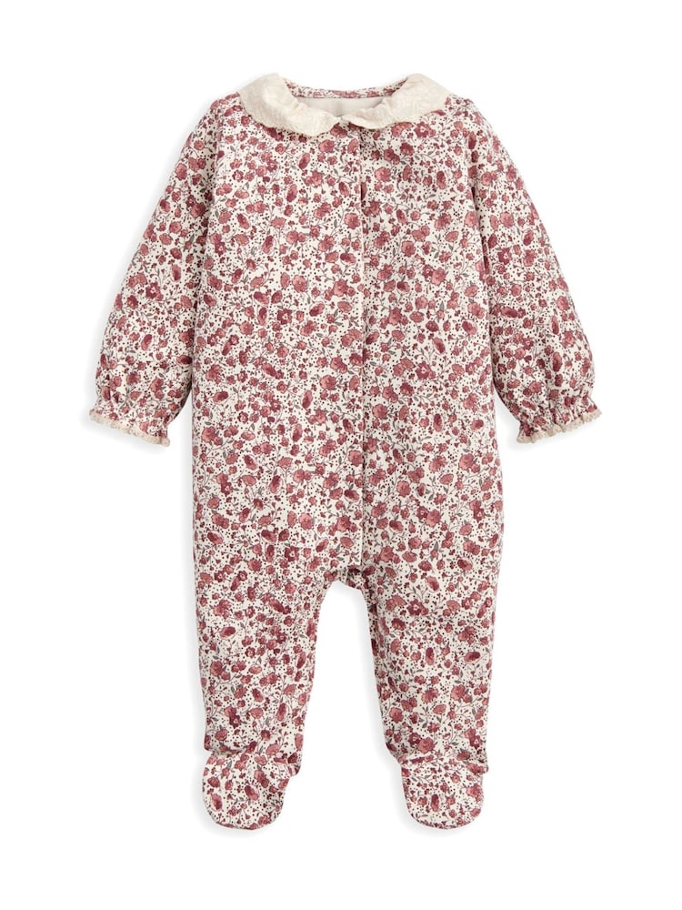 Mamas & Papas Pink Floral Sleepsuit with Broderie Collar - Image 1 of 2 Mamas & Papas Pink Floral Sleepsuit with Broderie Collar - Image 1 of 2