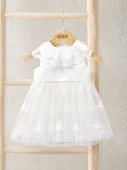 Mamas & Papas Embroidered Mesh Flower Girl White Dress with Cape Collar - Image 1 of 3