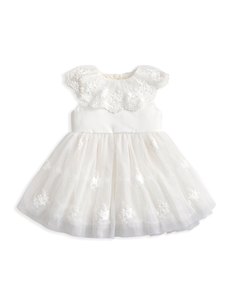 Mamas & Papas Embroidered Mesh Flower Girl White Dress with Cape Collar - Image 2 of 3