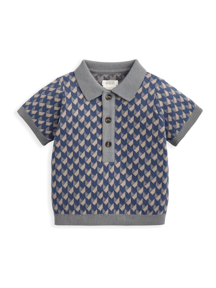 Mamas & Papas Blue Jacquard Knit Polo Shirt with Button Placket - Image 1 of 2