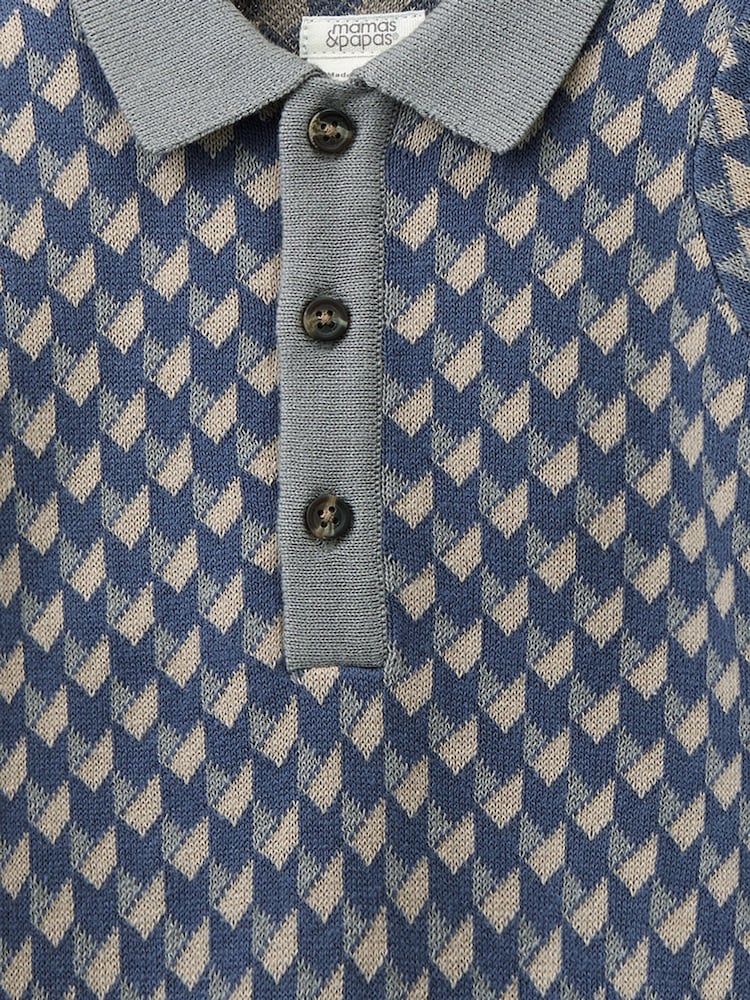Mamas & Papas Blue Jacquard Knit Polo Shirt with Button Placket - Image 2 of 2
