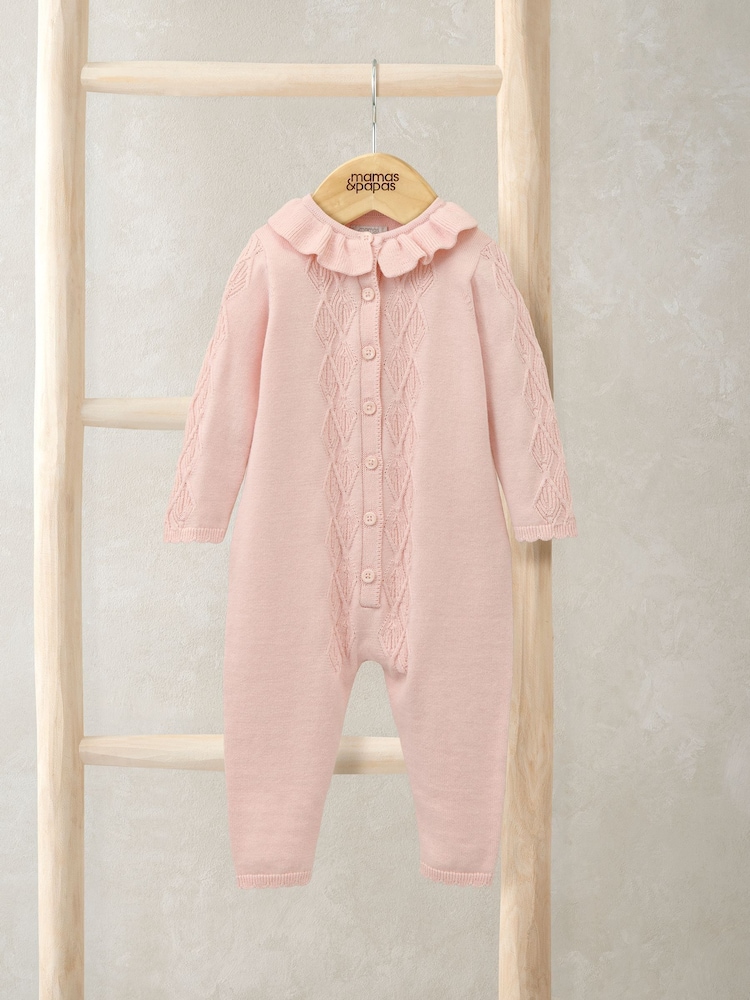Mamas & Papas Pink Diamond Stitch Knitted Romper with Frill Collar - Image 1 of 3 Mamas & Papas Pink Diamond Stitch Knitted Romper with Frill Collar - Image 1 of 3