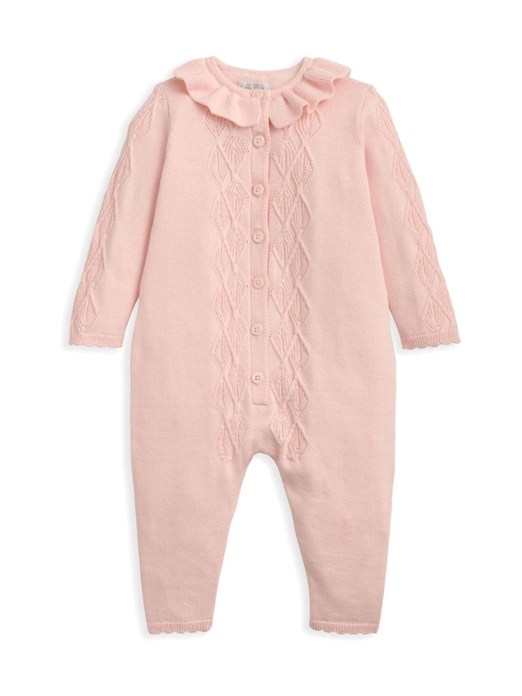 Mamas & Papas Pink Diamond Stitch Knitted Romper with Frill Collar - Image 2 of 3 Mamas & Papas Pink Diamond Stitch Knitted Romper with Frill Collar - Image 2 of 3