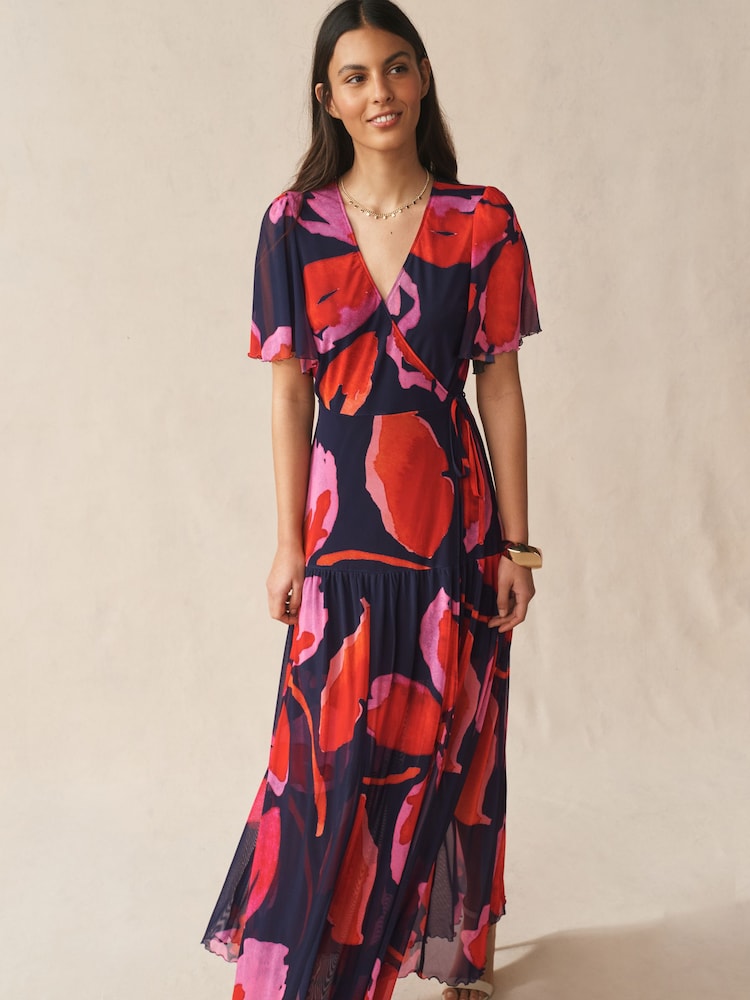 Red and Navy Flower Print - Short Sleeve Wrap Midi Occasion Dress - Imaginea 1 din 7