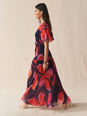 Red and Navy Flower Print - Short Sleeve Wrap Midi Occasion Dress - Imaginea 2 din 7
