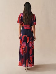 Red and Navy Flower Print - Short Sleeve Wrap Midi Occasion Dress - Imaginea 3 din 7