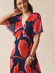 Red and Navy Flower Print - Short Sleeve Wrap Midi Occasion Dress - Imaginea 4 din 7