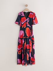 Red and Navy Flower Print - Short Sleeve Wrap Midi Occasion Dress - Imaginea 5 din 7