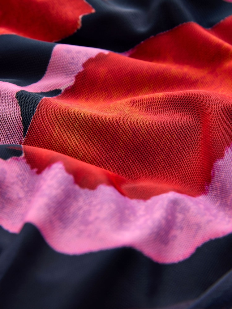 Red and Navy Flower Print - Short Sleeve Wrap Midi Occasion Dress - Imaginea 7 din 7