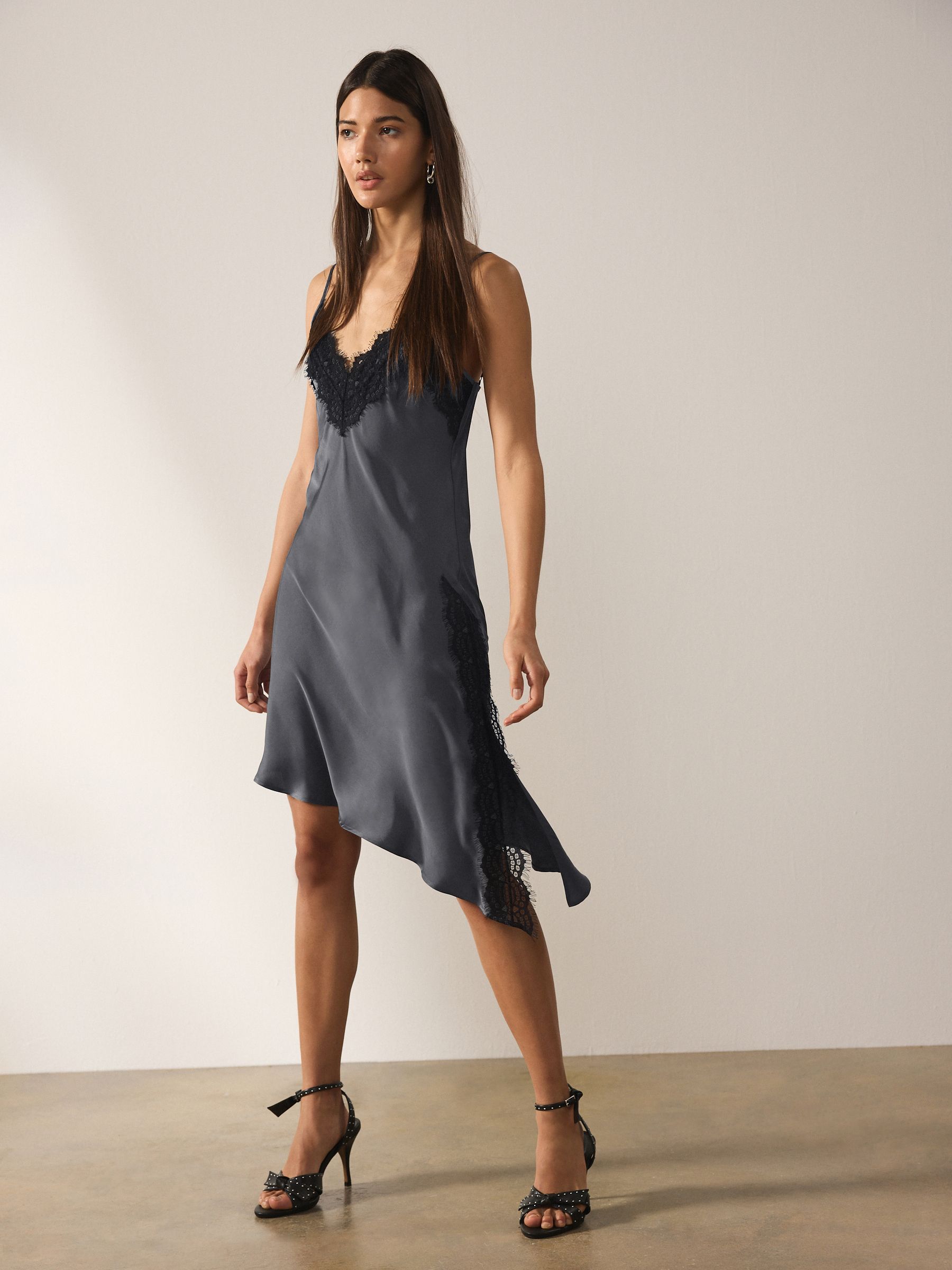 Buy Grey Lace Trim Strappy Asymmetrical Cami Mini Dress from the