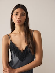 Grey Lace Trim Strappy Asymmetrical Cami Mini Dress - Image 6 of 10