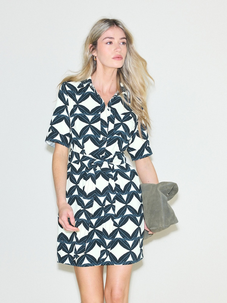 Navy Blue Geo Printed Mini Short Sleeve Tie Waist Shirt Dress - Image 1 of 5