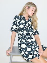 Navy Blue Geo Printed Mini Short Sleeve Tie Waist Shirt Dress - Image 3 of 5