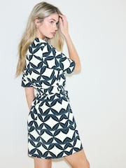 Navy Blue Geo Printed Mini Short Sleeve Tie Waist Shirt Dress - Image 4 of 5