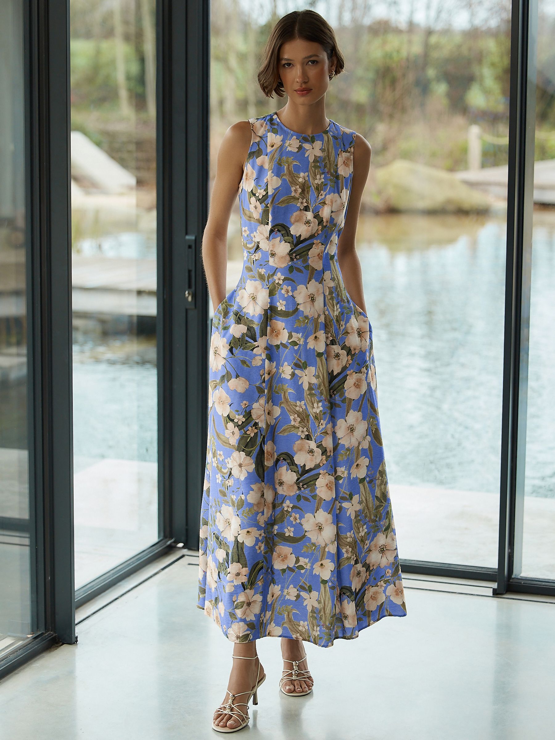 Buy Blue Floral Print Sleeveless Column A-Line Maxi Dress from Next USA