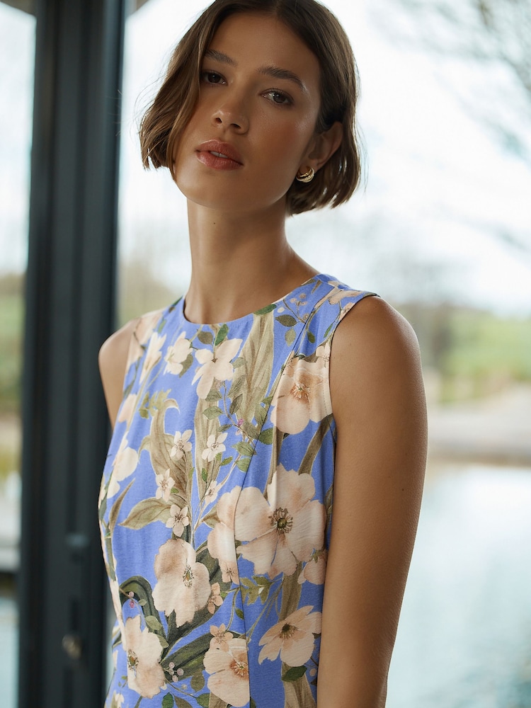 blue floral sleeveless dress Sleeveless Floral Beaded Embroidery Ruffle Midi Dress In Elegant Sky Multi