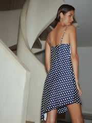 Navy Blue Spot Lace Trim Strappy Asymmetrical Cami Mini Dress - Image 3 of 7