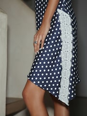 Navy Blue Spot Lace Trim Strappy Asymmetrical Cami Mini Dress - Image 4 of 7