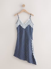 Navy Blue Spot Lace Trim Strappy Asymmetrical Cami Mini Dress - Image 5 of 7