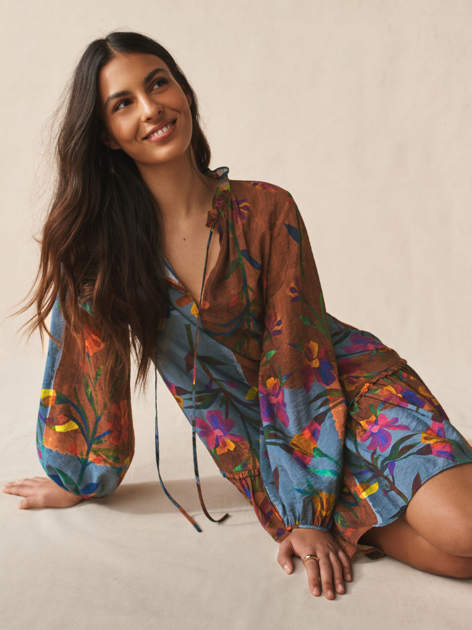Buy Blue/ Brown Patched Floral Print Mini Tie Front Tiered Long