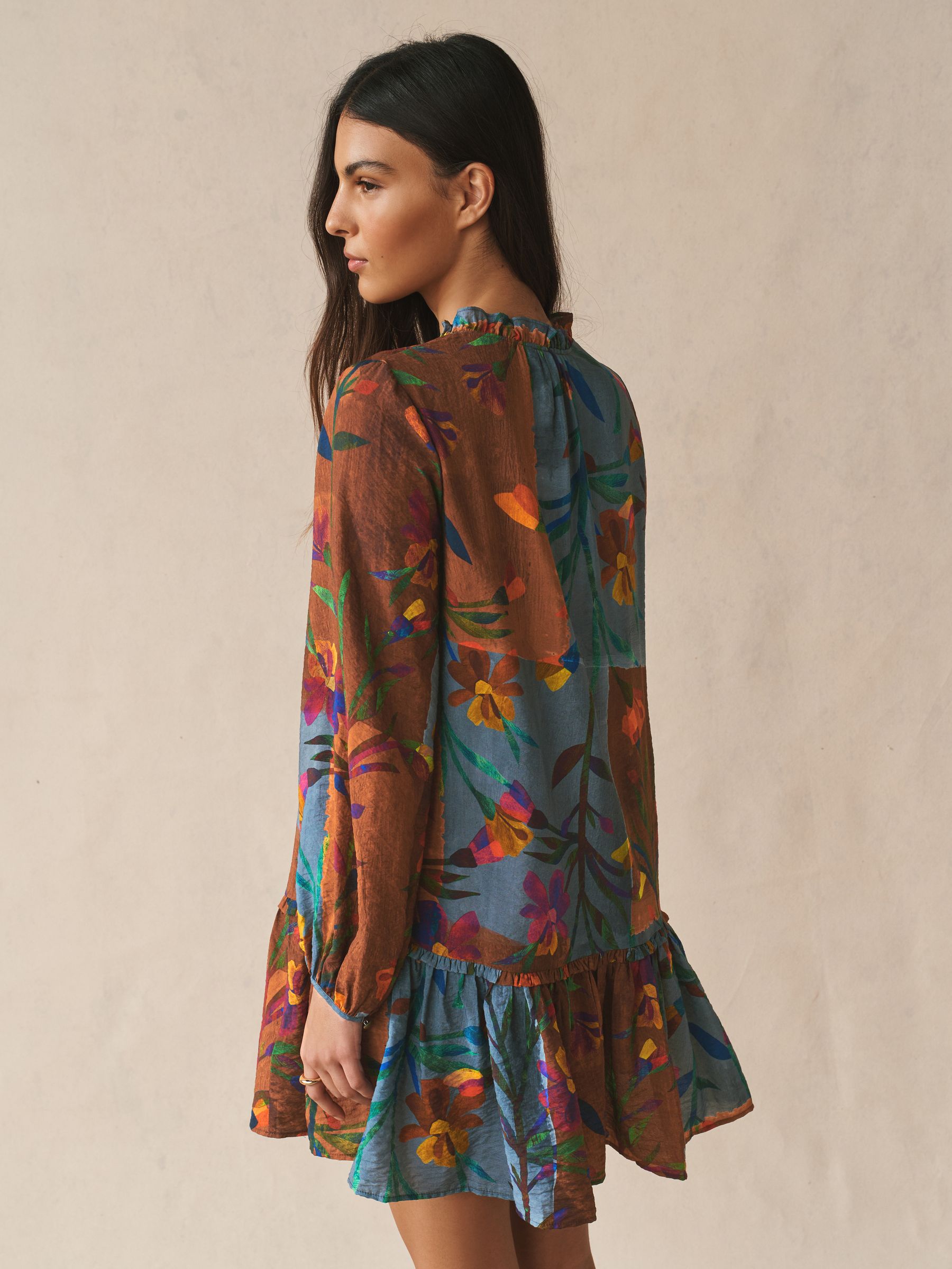 Buy Blue/ Brown Patched Floral Print Mini Tie Front Tiered Long
