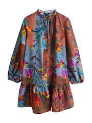 Blue/ Brown Patched Floral Print Mini Tie Front Tiered Long Sleeve Dress - Image 2 of 2