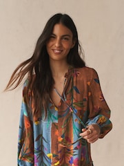 Blue/ Brown Patched Floral Print Mini Tie Front Tiered Long Sleeve Dress - Image 3 of 4