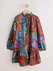 Blue/ Brown Patched Floral Print Mini Tie Front Tiered Long Sleeve Dress - Image 4 of 4