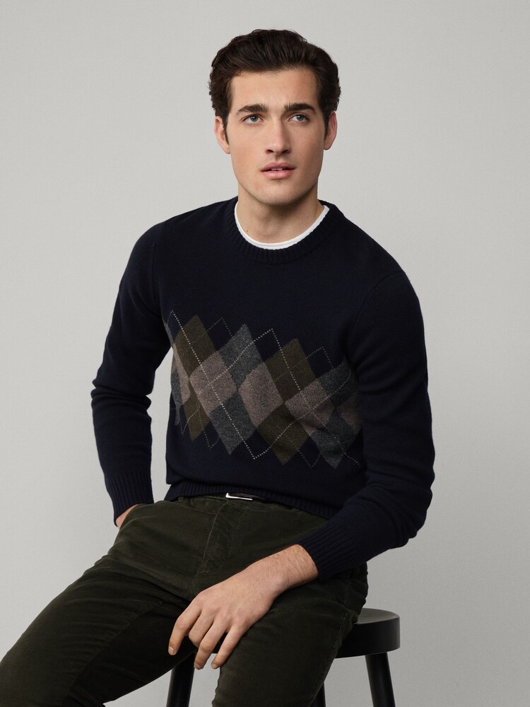 Hackett Blue Merino Wool Argyle Crew Neck Jumper - Image 1 of 6